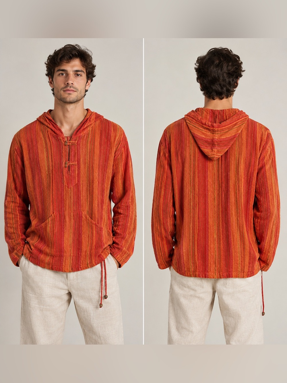 Men's Striped Orange Hooded Pullover